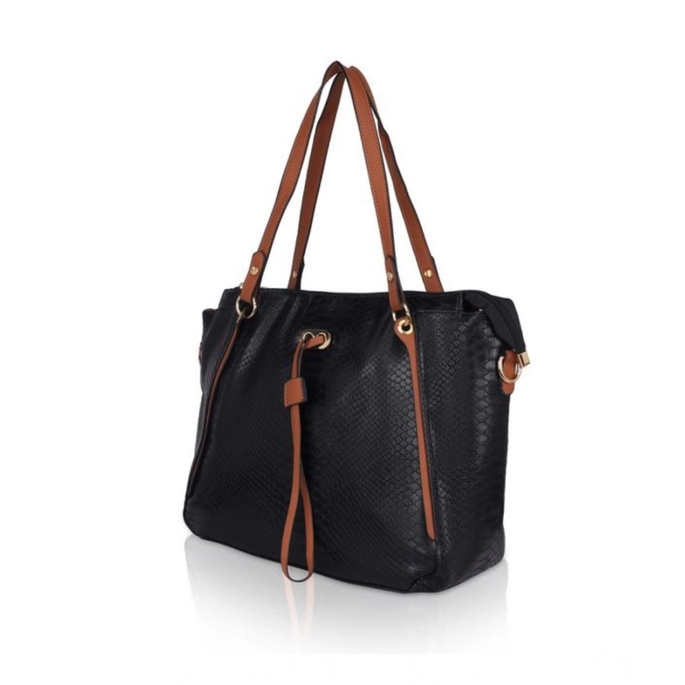Generic Women's Faux Leather Textured Tote Bag (Black)