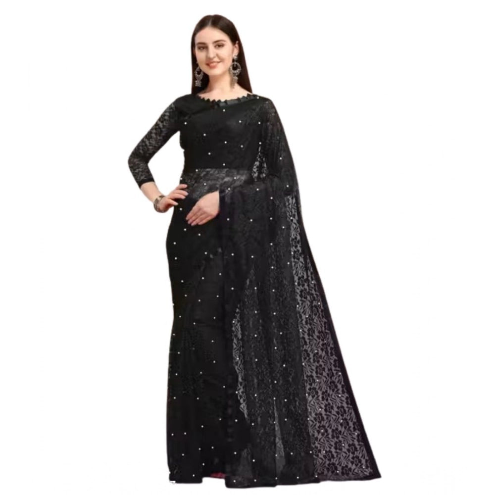 Generic Women's Net Self Design Saree With Unstitched Blouse 5.5Mtr (Black)