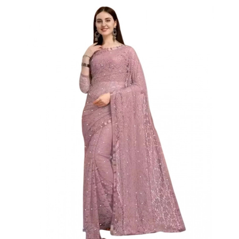 Generic Women's Net Self Design Saree With Unstitched Blouse 5.5Mtr (Light Brown)