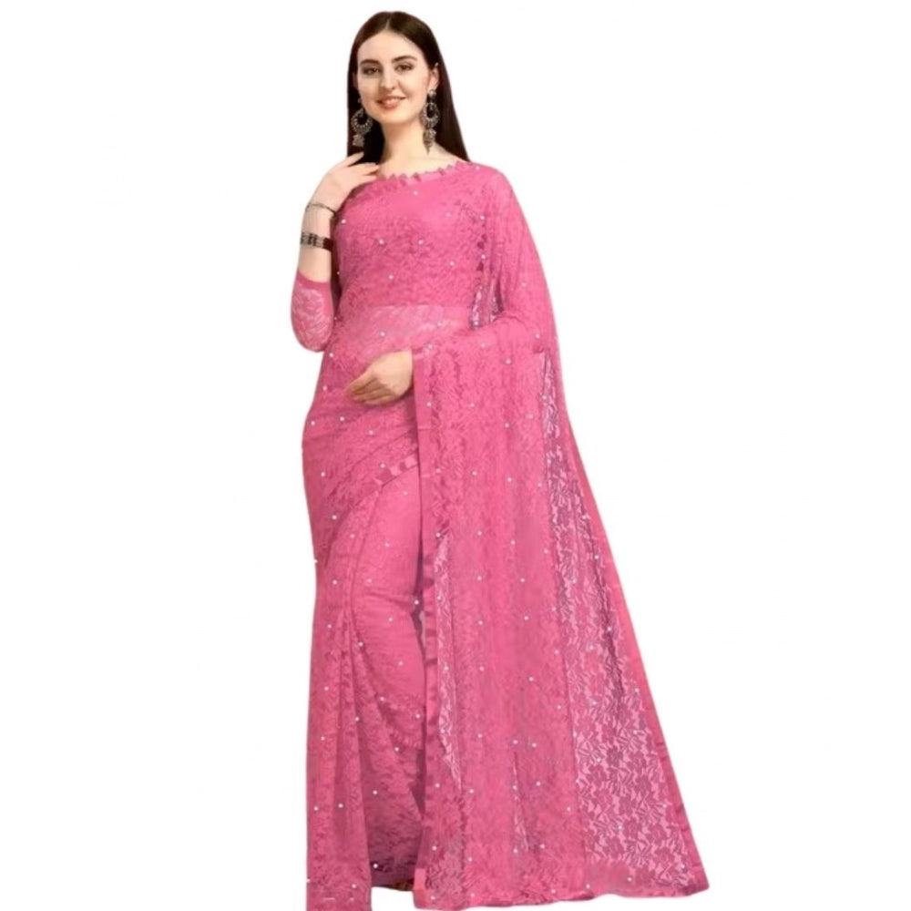 Generic Women's Net Self Design Saree With Unstitched Blouse 5.5Mtr (Dark Pink)