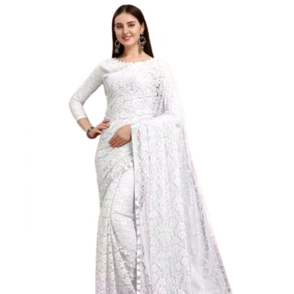Generic Women's Net Self Design Saree With Unstitched Blouse 5.5Mtr (White)