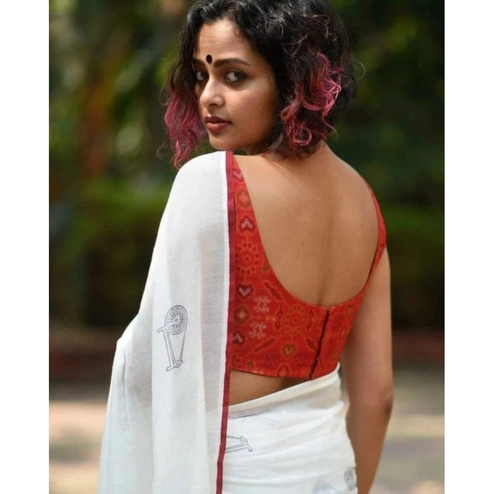 Generic Women's Linen Printed Saree With Unstitched Blouse 5.5Mtr (White)
