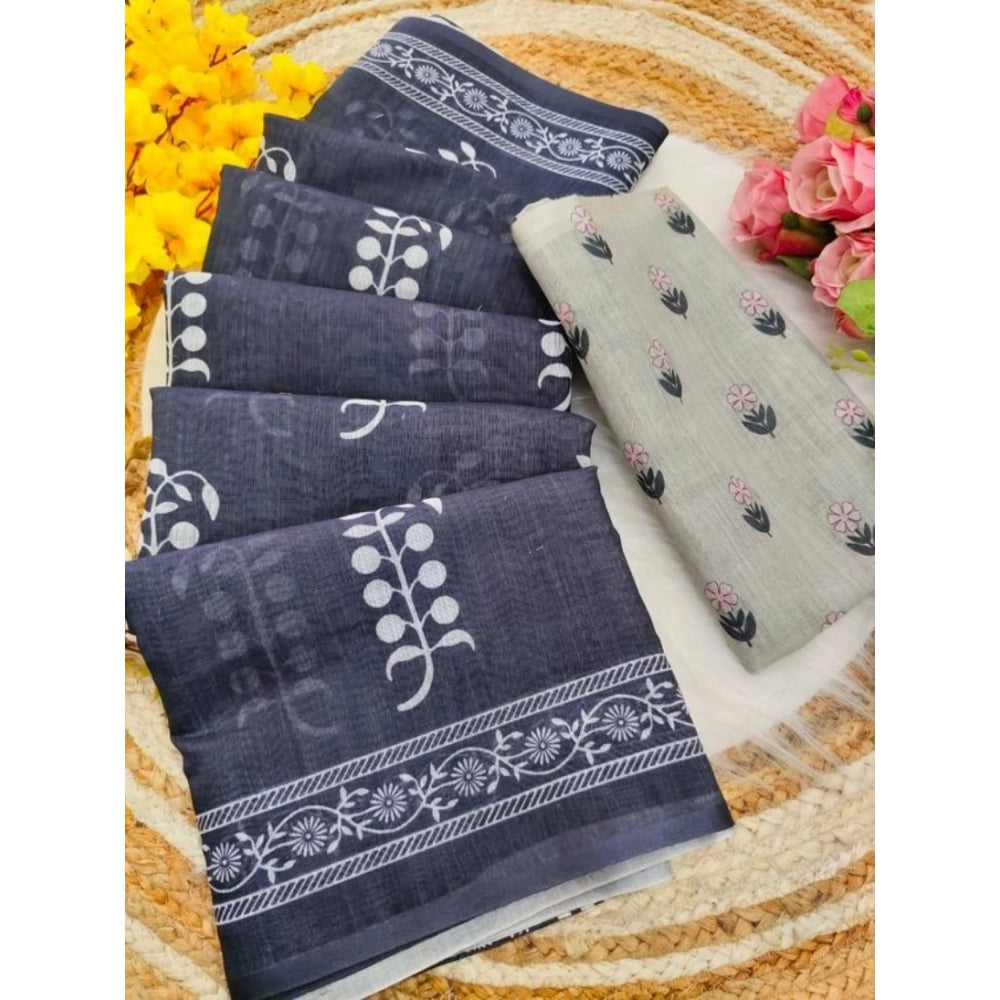 Women's Linen Printed Saree With Unstitched Blouse 5.5Mtr (Grey)