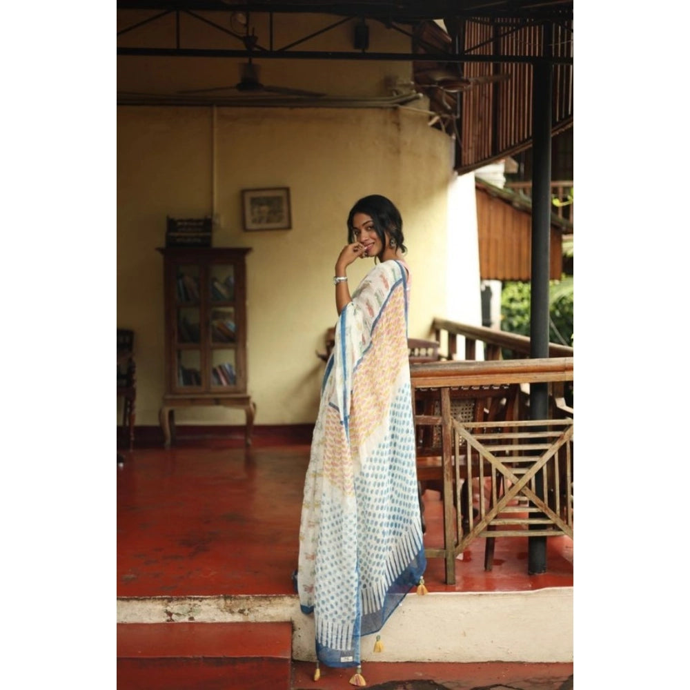 Generic Women's Linen Printed Saree With Unstitched Blouse 5.5Mtr (White)
