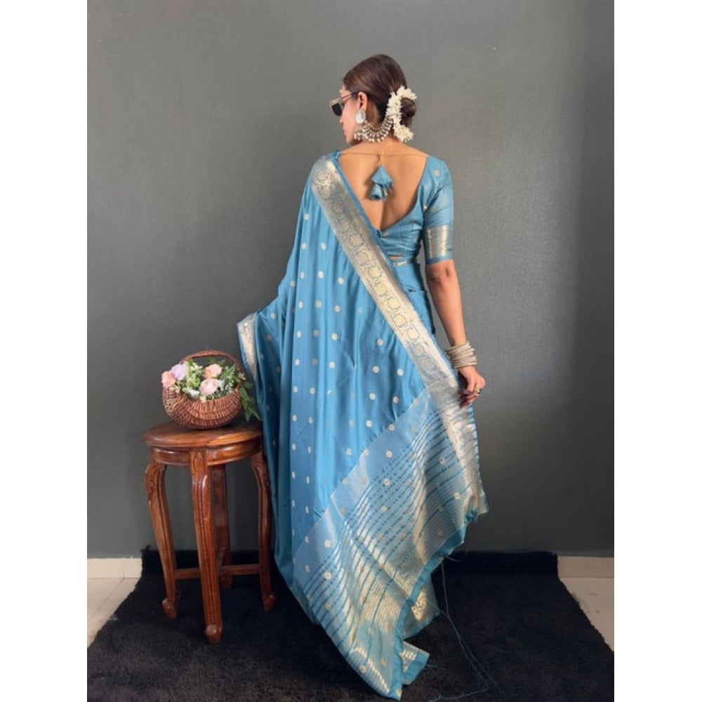 Generic Women's Satin Printed Saree With Unstitched Blouse 5.5Mtr (light Blue)