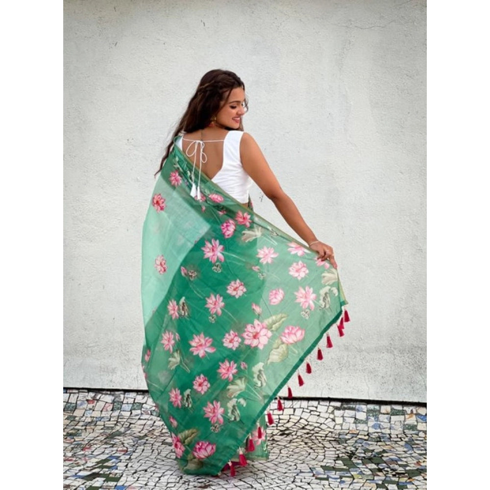 Women's Linen Printed Saree With Unstitched Blouse 5.5Mtr (Green)