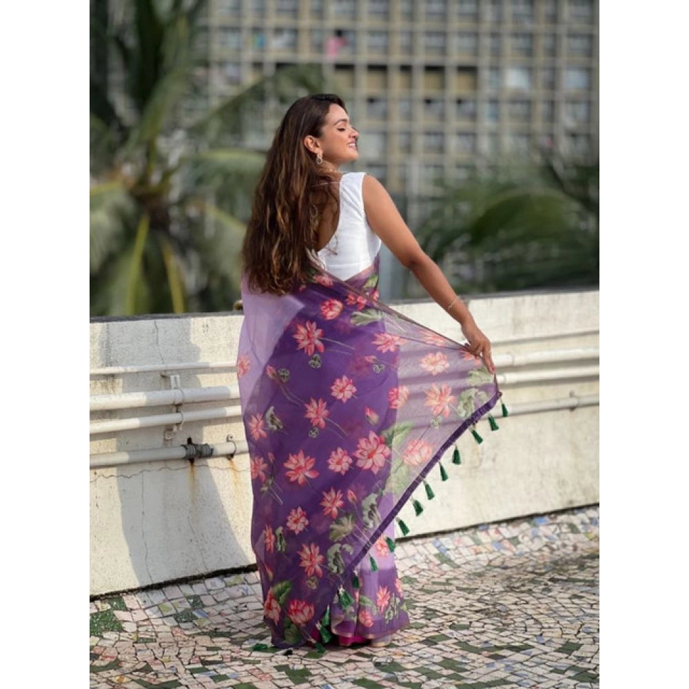 Women's Linen Printed Saree With Unstitched Blouse 5.5Mtr (Purple)