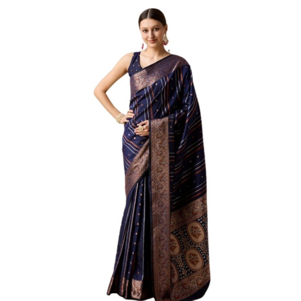 Generic Women's Soft Silk Jacquard Saree With Unstitched Blouse 5.5Mtr (Navy)