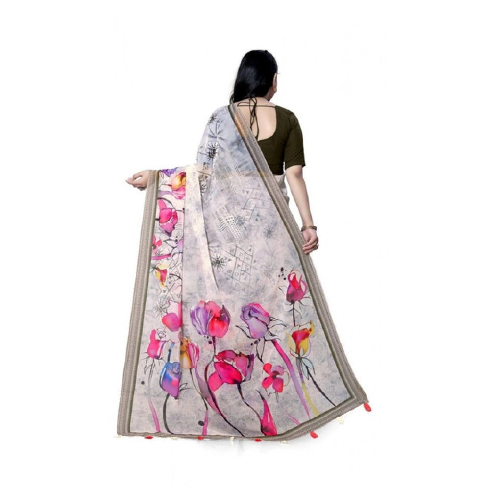 Generic Women's Georgette Floral Printed Saree With Unstitched Blouse 5.5Mtr (Beige)
