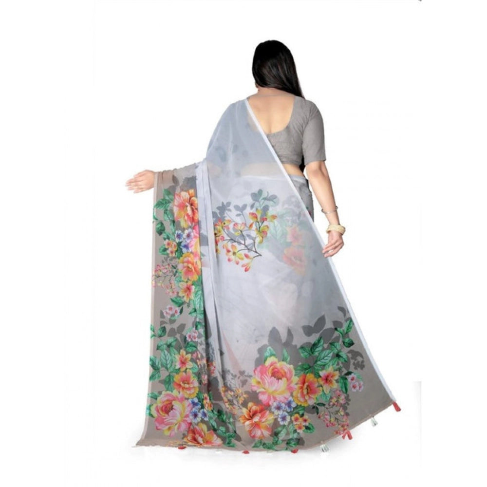 Generic Women's Georgette Floral Printed Saree With Unstitched Blouse 5.5Mtr (Grey)