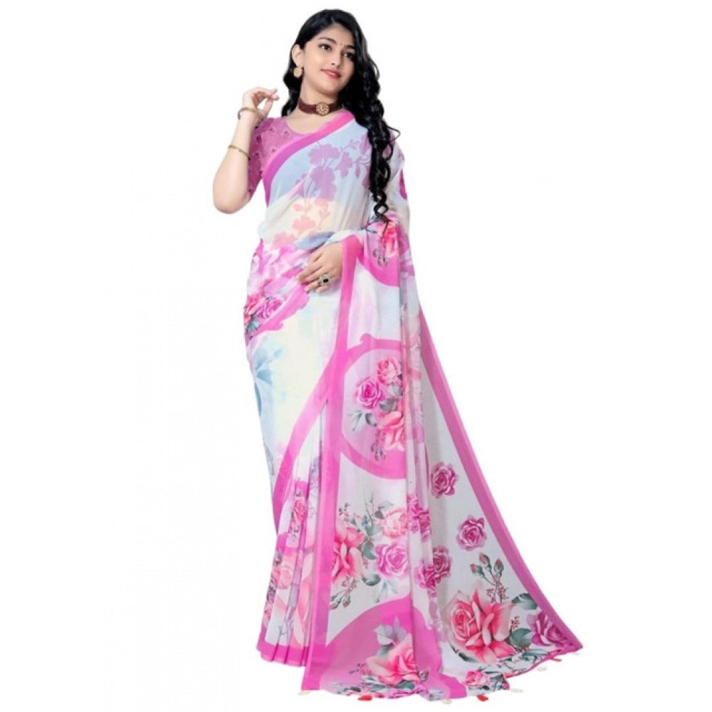 Generic Women's Georgette Floral Printed Saree With Unstitched Blouse 5.5Mtr (Pink)