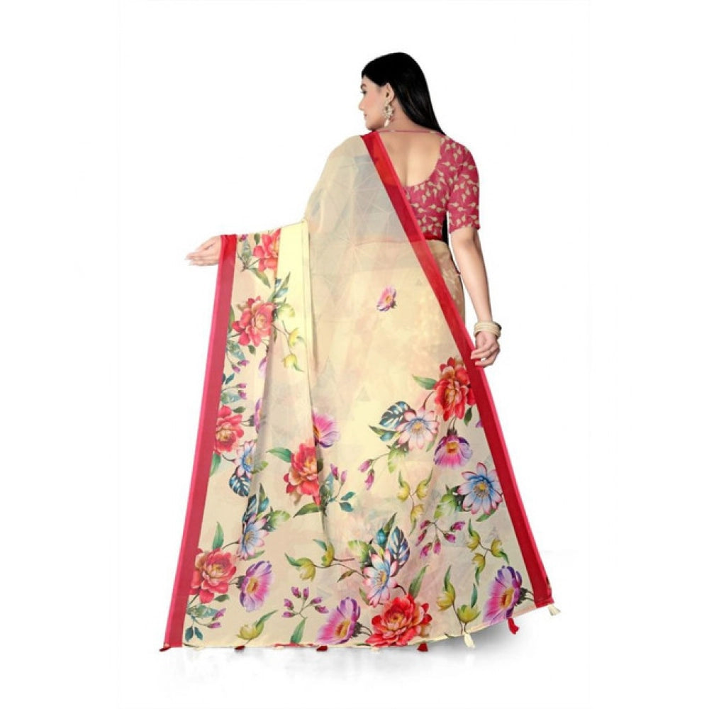 Generic Women's Georgette Floral Printed Saree With Unstitched Blouse 5.5Mtr (Yellow)