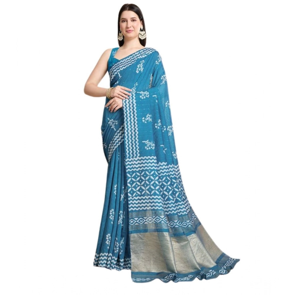 Generic Women's Semi Cotton Printed Saree With Unstitched Blouse 5.5Mtr (Sky-Blue)