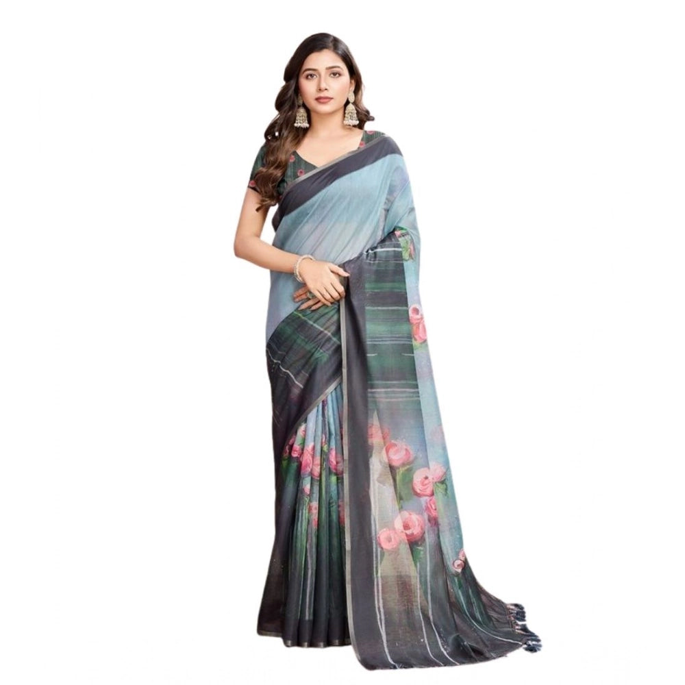 Generic Women's Semi Cotton Digital Print Saree With Unstitched Blouse 5.5Mtr (Green)