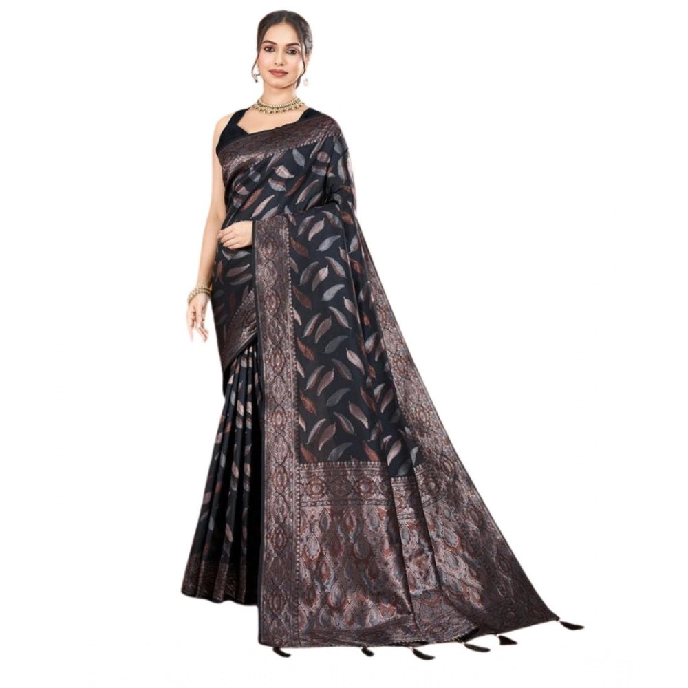 Generic Women's Soft Silk Jacquard Saree With Unstitched Blouse 5.5Mtr (Black)