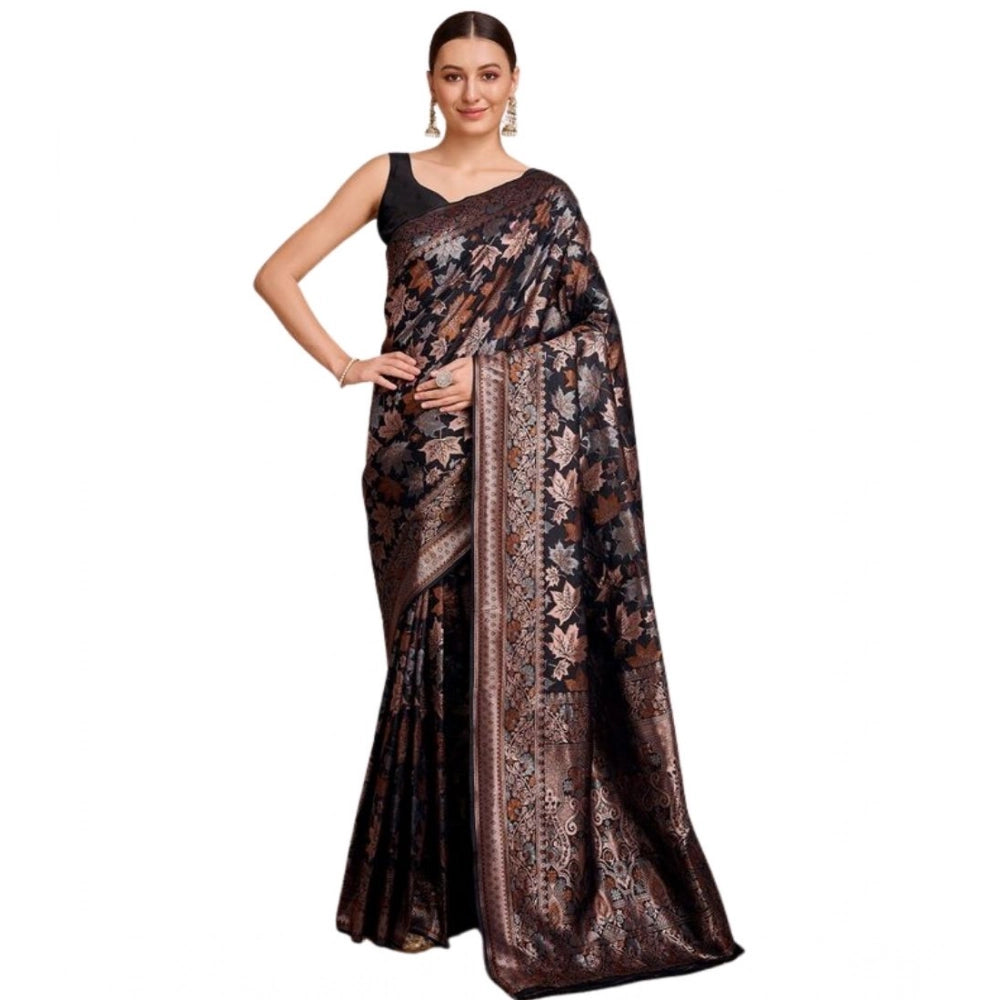 Generic Women's Soft Silk Jacquard Saree With Unstitched Blouse 5.5Mtr (Black)