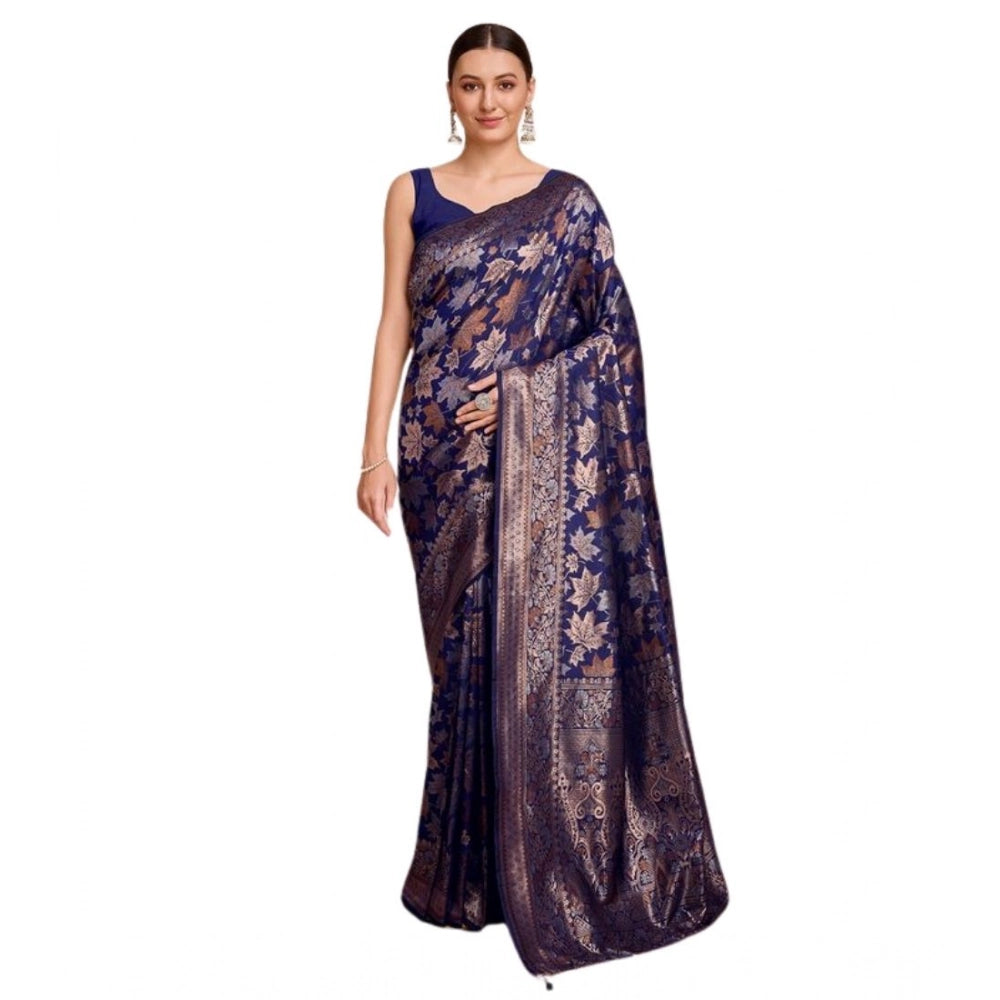 Generic Women's Soft Silk Jacquard Saree With Unstitched Blouse 5.5Mtr (Navy-Blue)