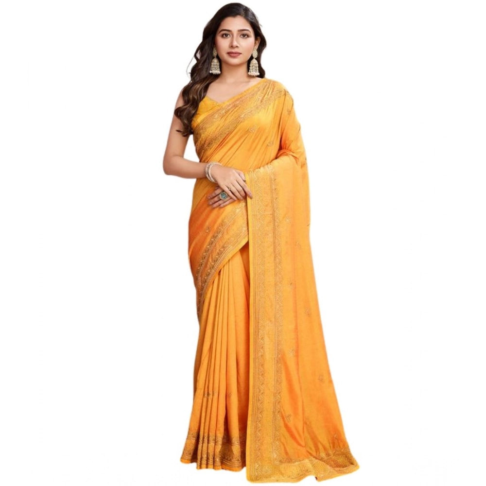 Generic Women's Vichitra Silk Embroidery Work Saree With Unstitched Blouse 5.5Mtr (Mustard)