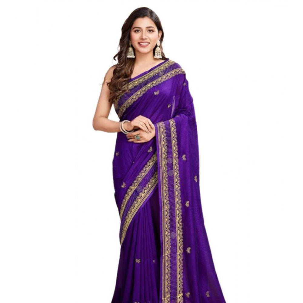 Generic Women's Vichitra Silk Embroidery Work Saree With Unstitched Blouse 5.5Mtr (Purple)