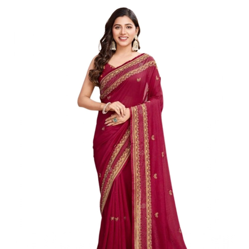 Generic Women's Vichitra Silk Embroidery Work Saree With Unstitched Blouse 5.5Mtr (Red)