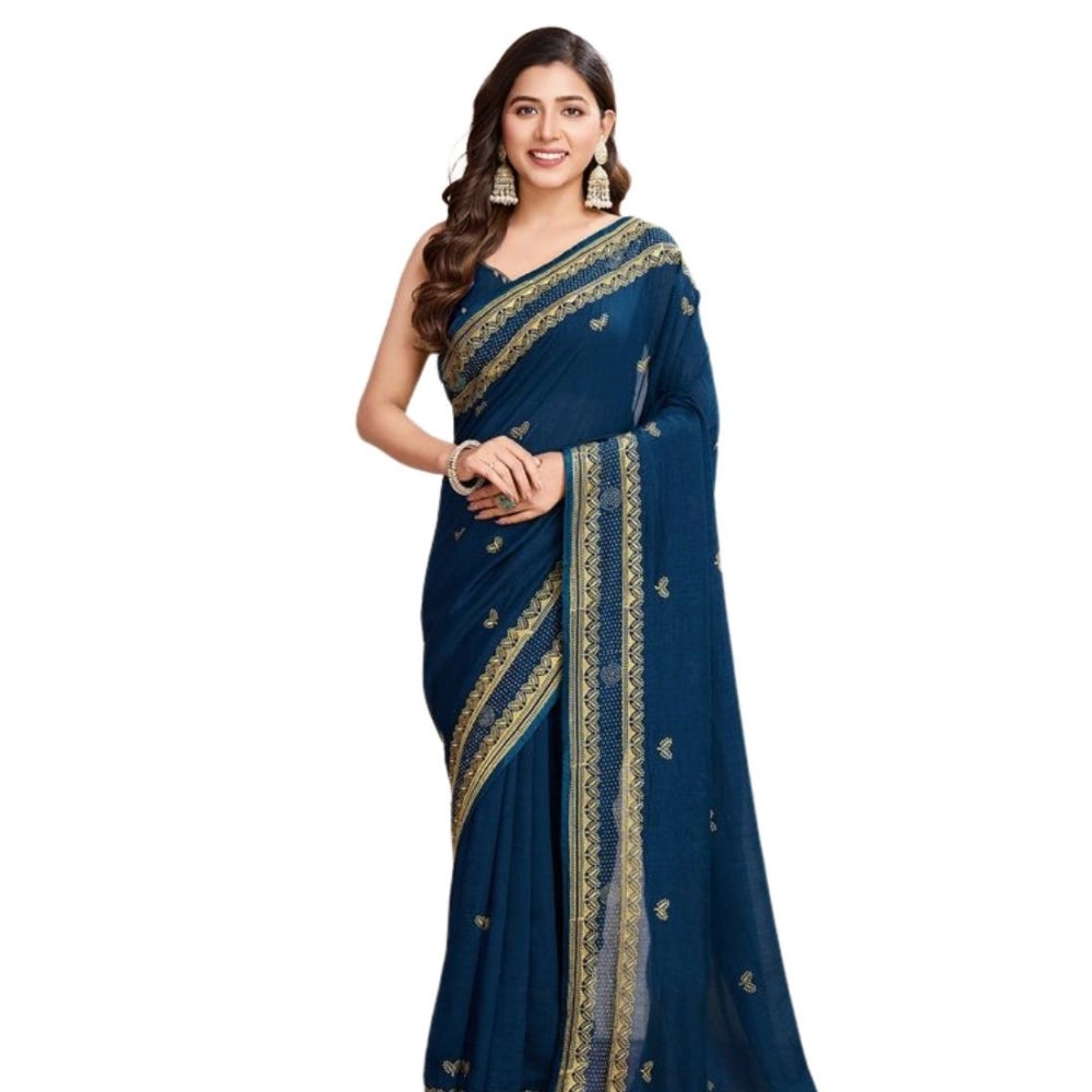 Generic Women's Vichitra Silk Embroidery Work Saree With Unstitched Blouse 5.5Mtr (Teal)