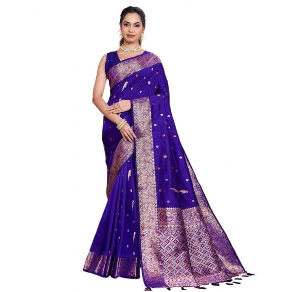 Generic Women's Jacquard Woven Saree With Unstitched Blouse 5.5Mtr (Blue)
