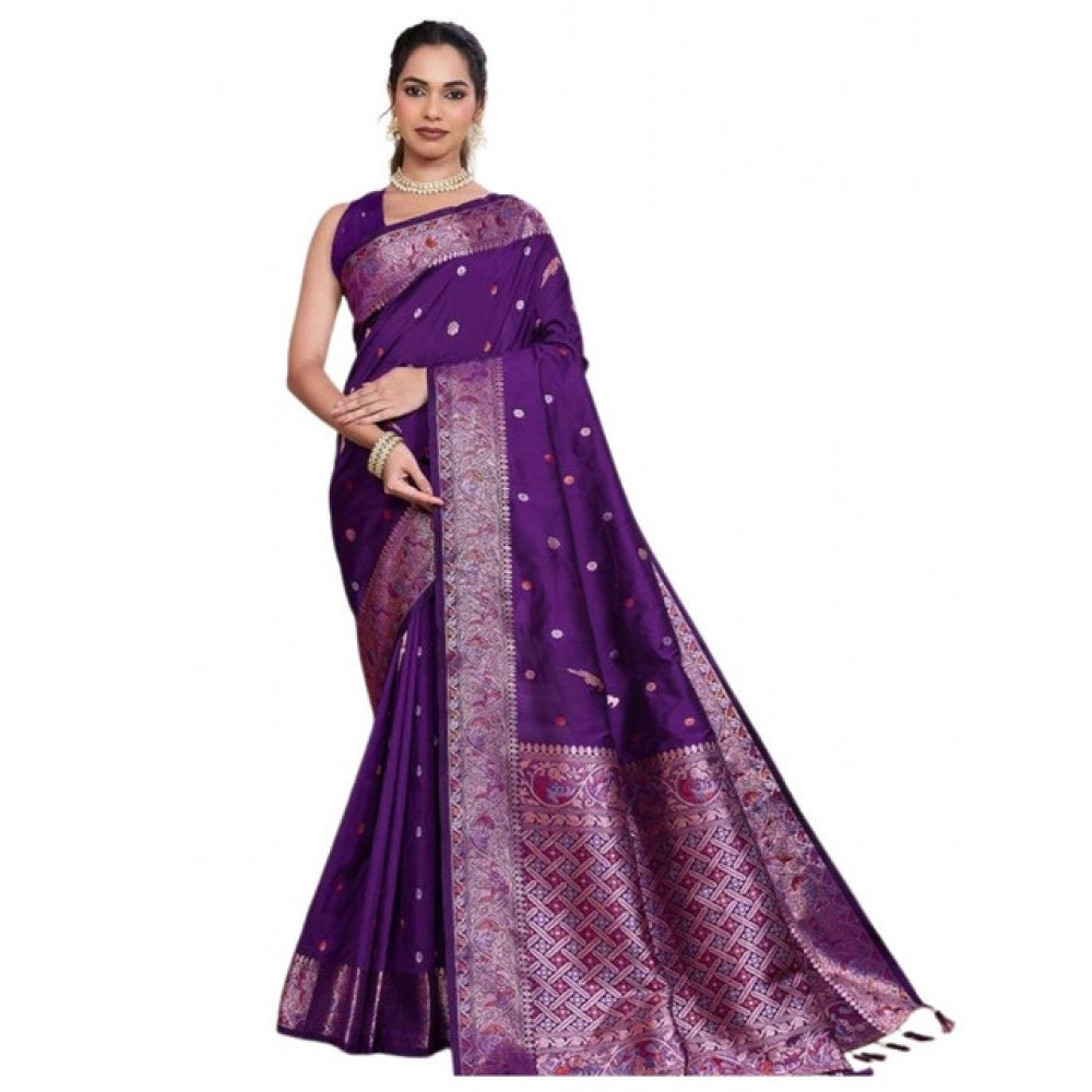 Generic Women's Jacquard Woven Saree With Unstitched Blouse 5.5Mtr (Purple)