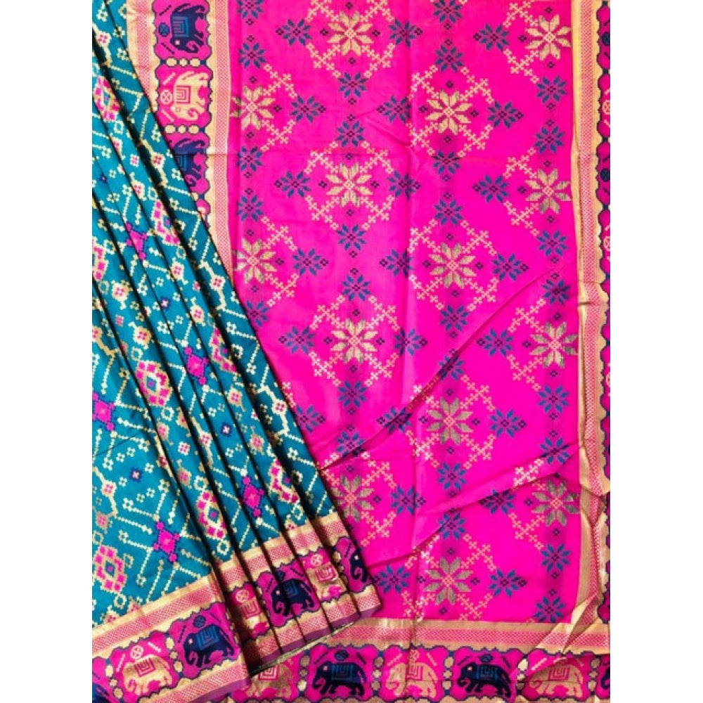 Generic Women's Patola Silk Meena And Zari Woven Saree With Unstitched Blouse 5.5Mtr (Blue)