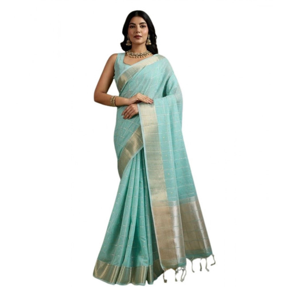 Generic Women's Tissue Checks_With_Buttis Saree With Unstitched Blouse 5.5Mtr (Aqua_Blue)
