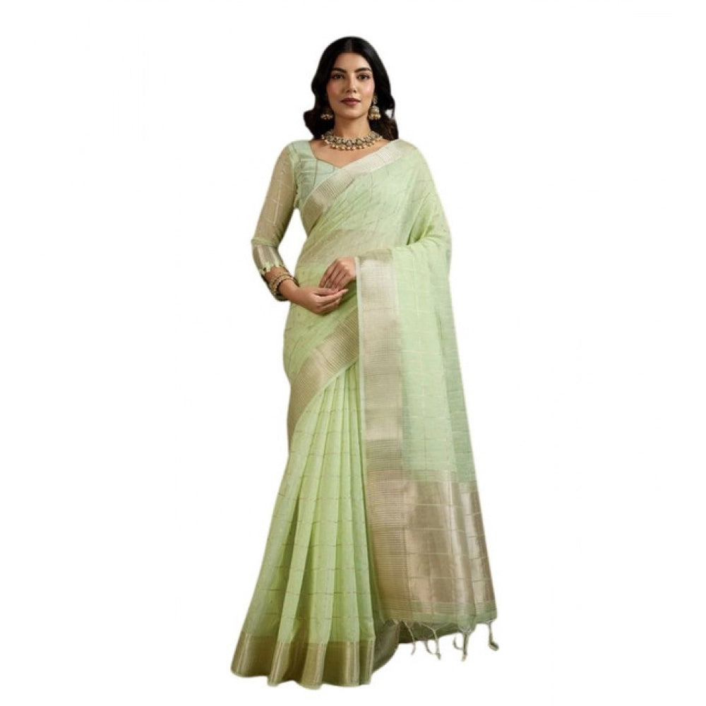 Generic Women's Tissue Checks_With_Buttis Saree With Unstitched Blouse 5.5Mtr (Light_Green)