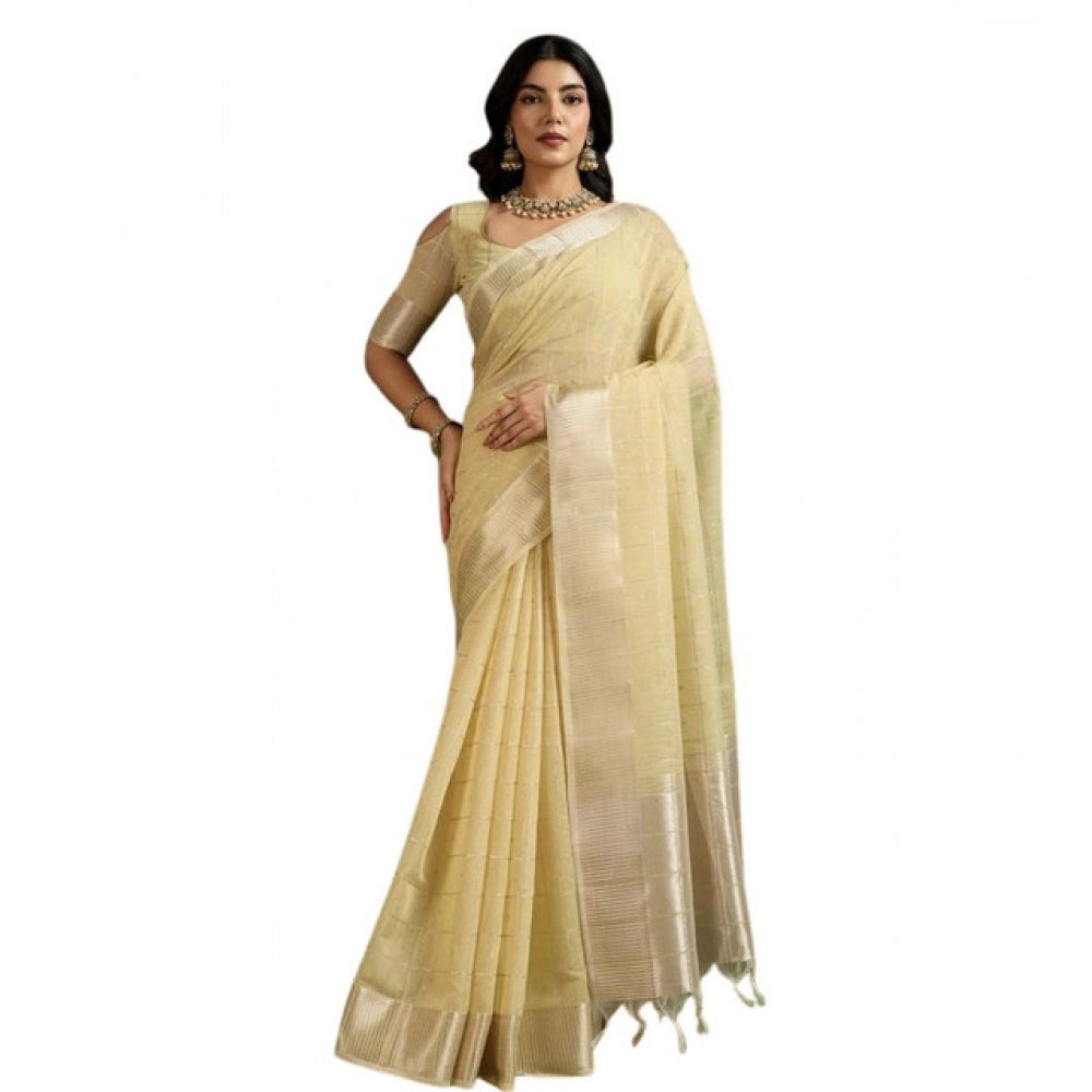 Generic Women's Tissue Checks_With_Buttis Saree With Unstitched Blouse 5.5Mtr (Yellow)