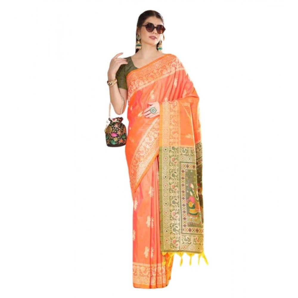 Generic Women's Raw_Silk Woven_Motif Saree With Unstitched Blouse 5.5Mtr (Orange)