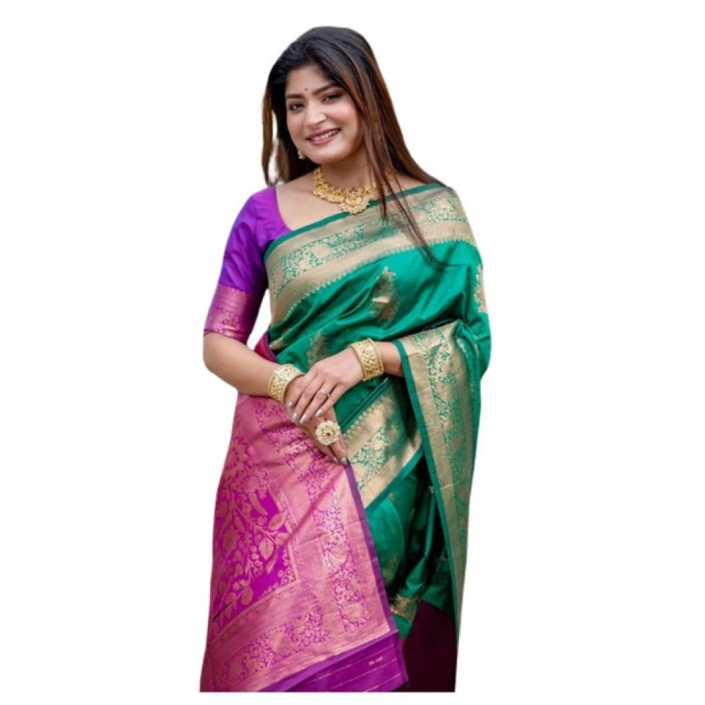 Generic Women's Katan_Silk Zari_Weaving Saree With Unstitched Blouse 5.5Mtr (Dark_Green)