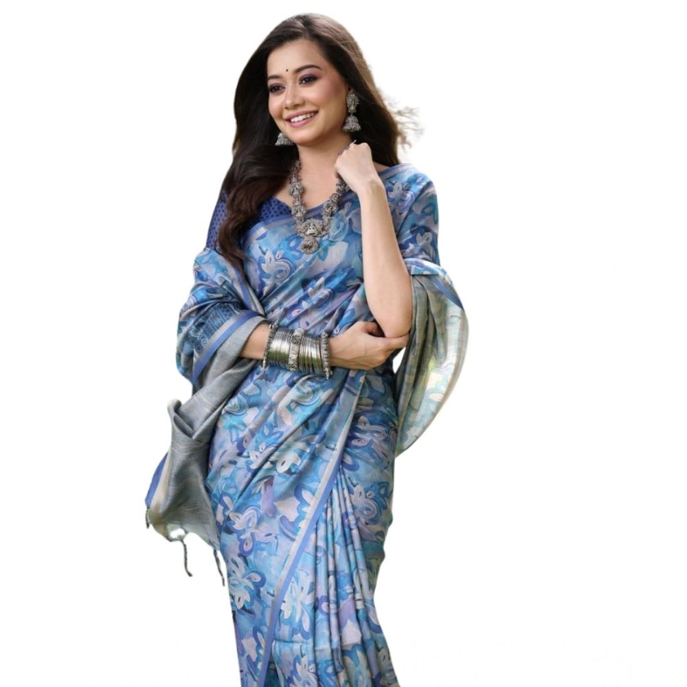 Generic Women's Faux_Tussar_Silk Abstract_Print Saree With Unstitched Blouse 5.5Mtr (Blue)