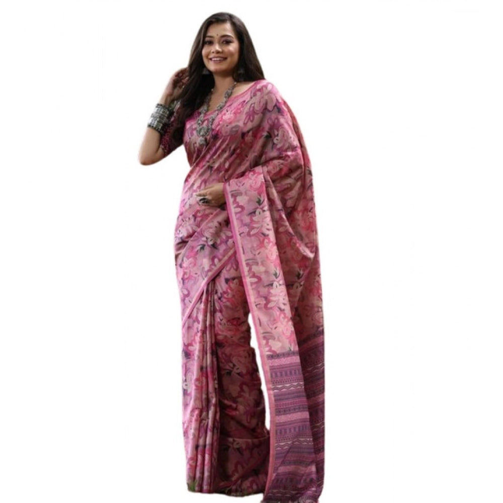 Generic Women's Faux_Tussar_Silk Abstract_Print Saree With Unstitched Blouse 5.5Mtr (Pink)