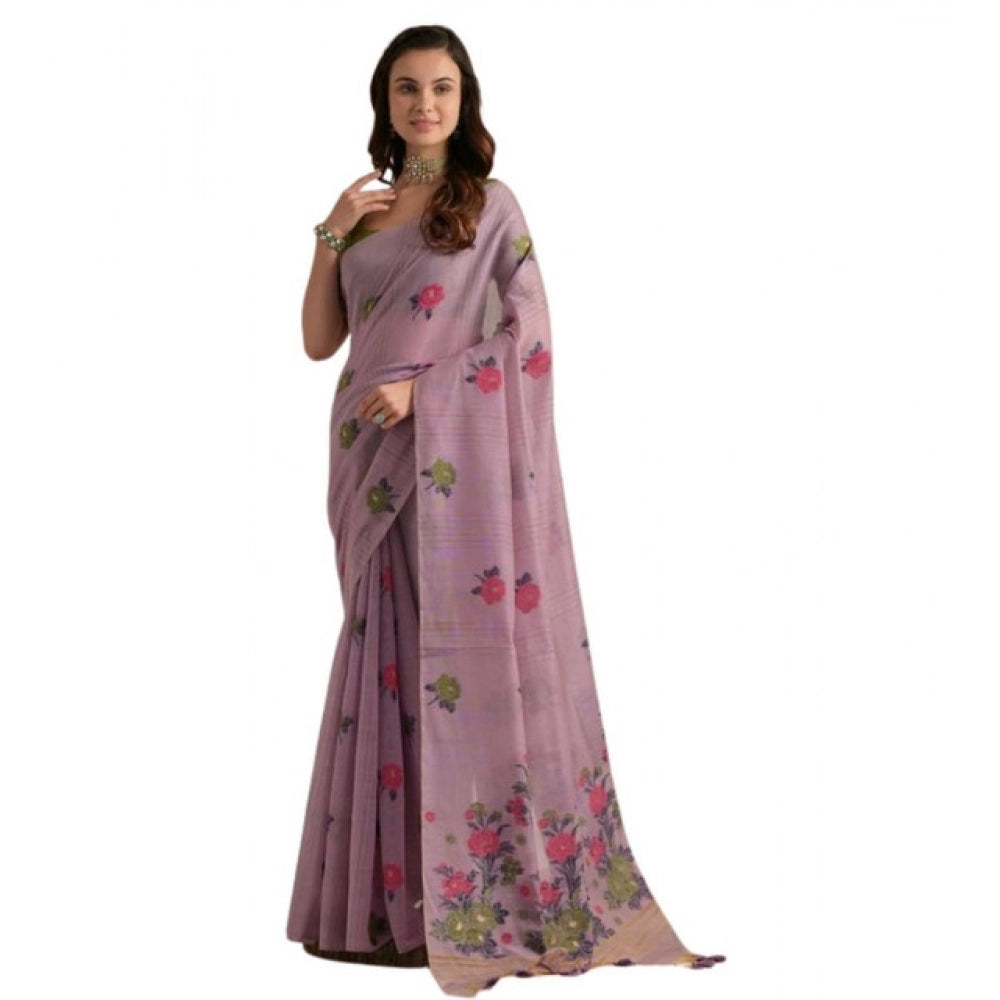 Generic Women's Blended_Cotton Floral Motifs And Woven Buttas Saree With Unstitched Blouse 5.5Mtr (Lavender)