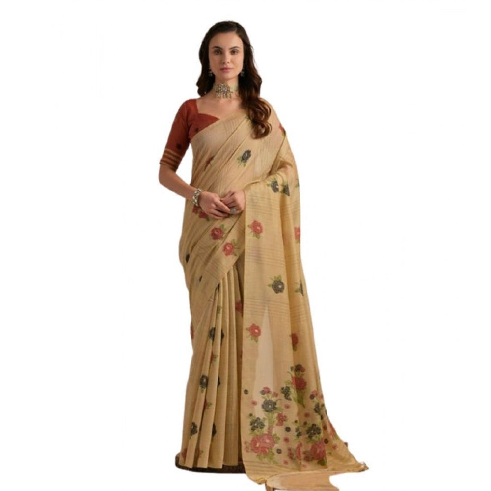Generic Women's Blended_Cotton Floral Motifs And Woven Buttas Saree With Unstitched Blouse 5.5Mtr (Light_Beige)