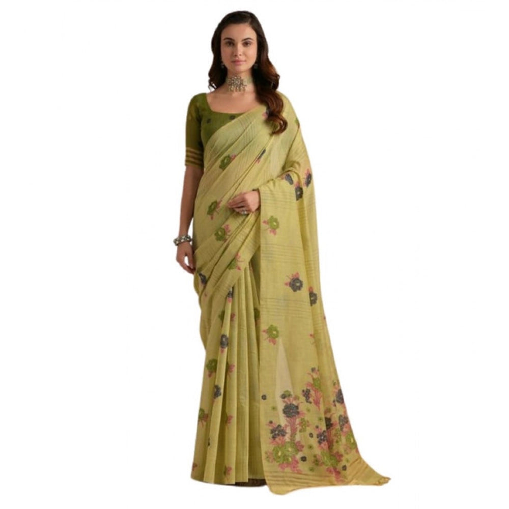 Generic Women's Blended_Cotton Floral Motifs And Woven Buttas Saree With Unstitched Blouse 5.5Mtr (Light_Green)
