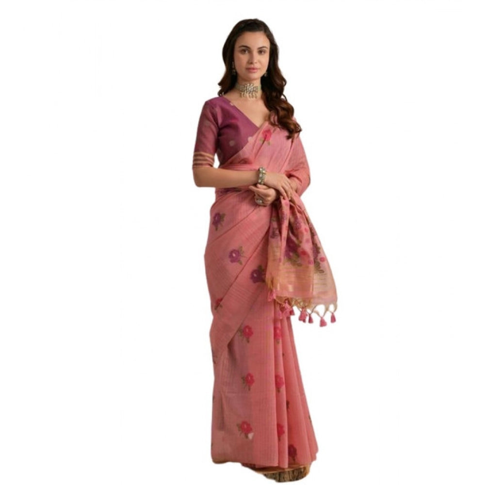 Generic Women's Blended_Cotton Floral Motifs And Woven Buttas Saree With Unstitched Blouse 5.5Mtr (Pink)