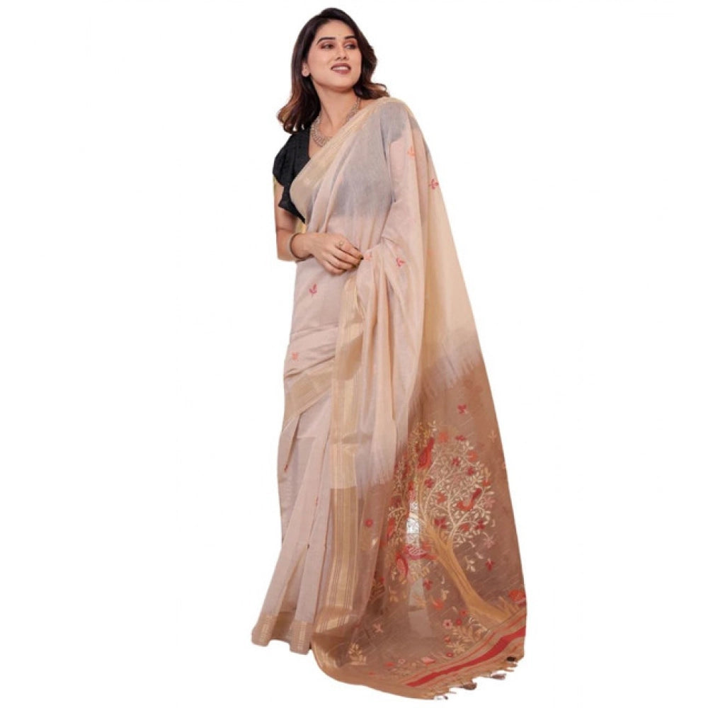 Generic Women's Blended_Cotton Woven_Motifs Saree With Unstitched Blouse 5.5Mtr (Light_Beige)