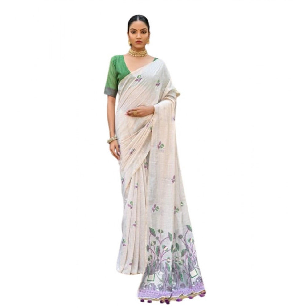 Generic Women's Blended_Cotton Floral Weaving Pattern Saree With Unstitched Blouse 5.5Mtr (Purple)