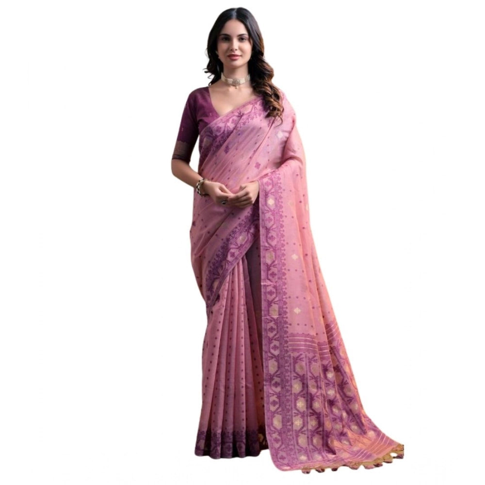 Generic Women's Blended_Cotton Woven Saree With Unstitched Blouse 5.5Mtr (Pink)