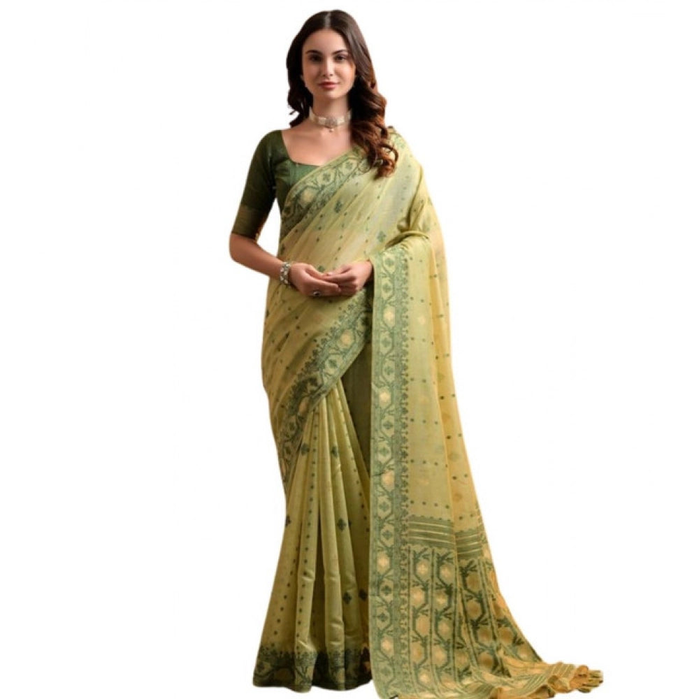 Generic Women's Blended_Cotton Woven Saree With Unstitched Blouse 5.5Mtr (Light_Green)