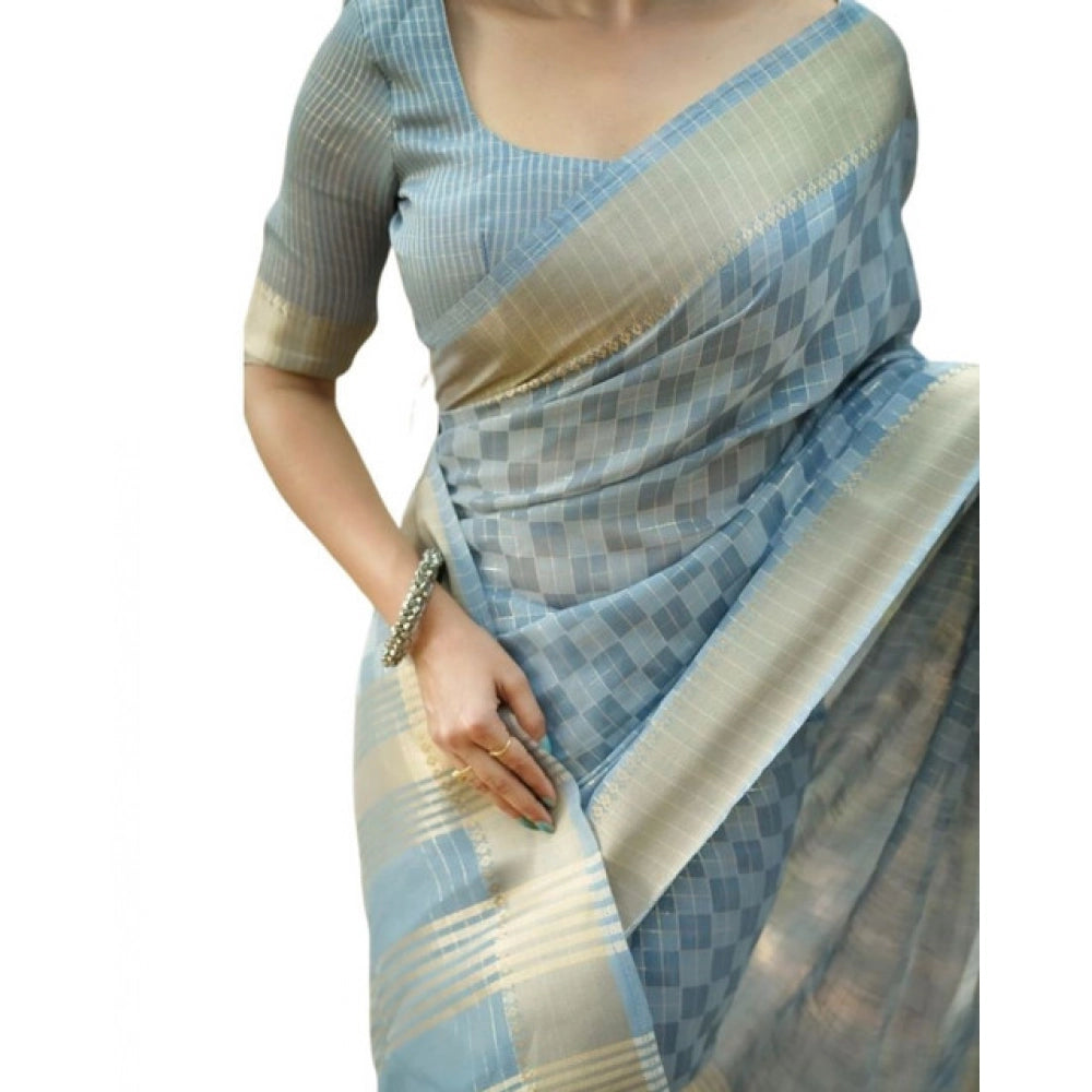 Generic Women's Silk_Blend Checked Saree With Unstitched Blouse 5.5Mtr (Sky_Blue)