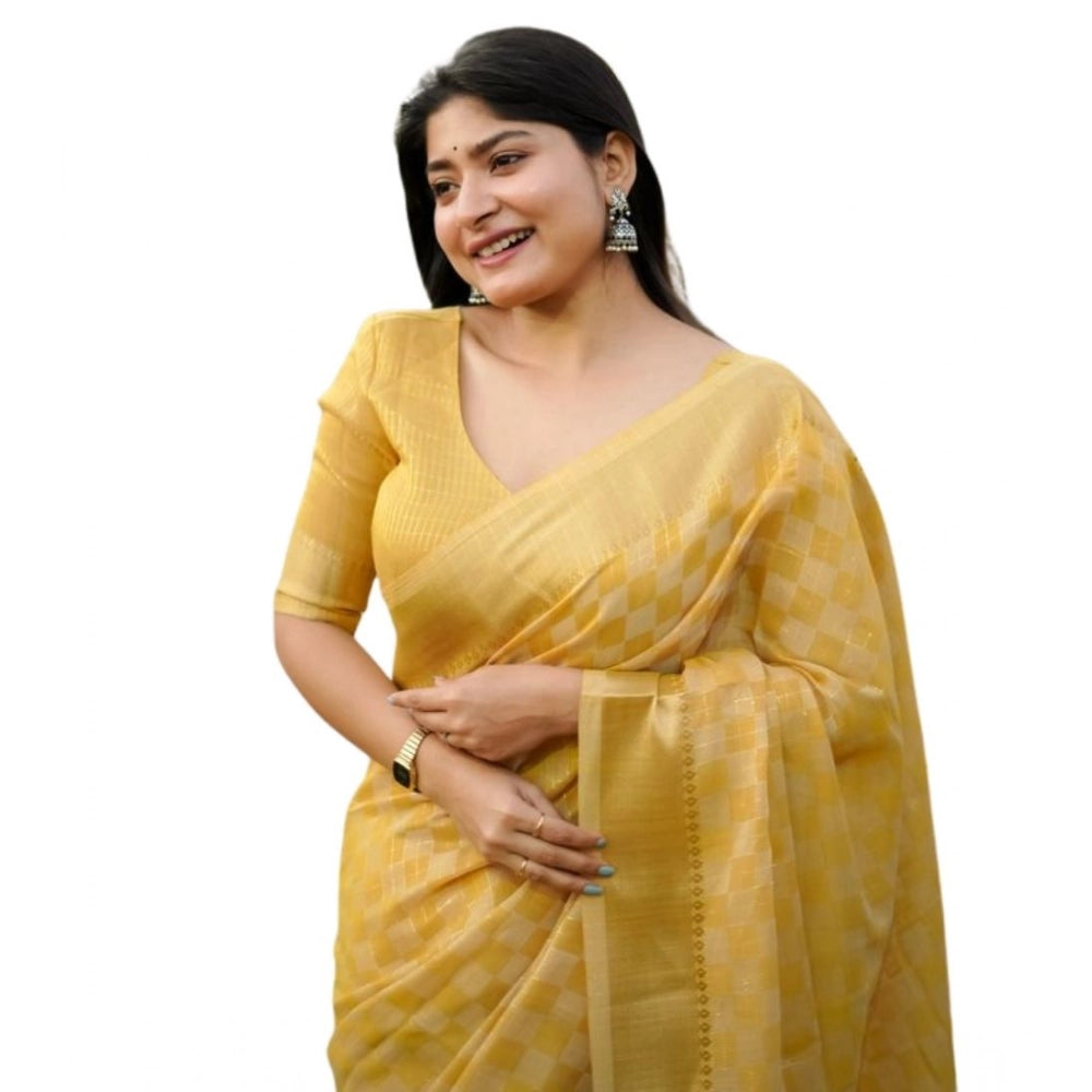 Generic Women's Silk_Blend Checked Saree With Unstitched Blouse 5.5Mtr (Yellow)