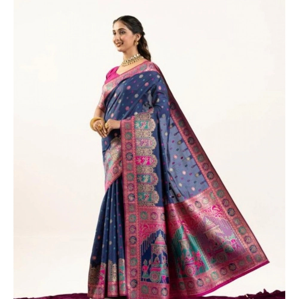 Faux_Banarasi Woven Motifs Saree With Unstitched Blouse 5.5Mtr (Navy_Blue)