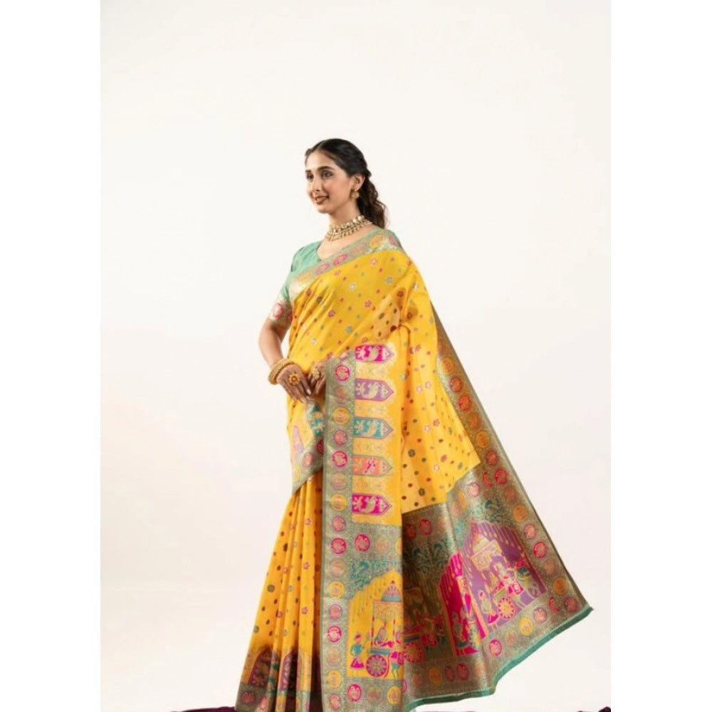 Faux_Banarasi Woven Motifs Saree With Unstitched Blouse 5.5Mtr (Yellow)