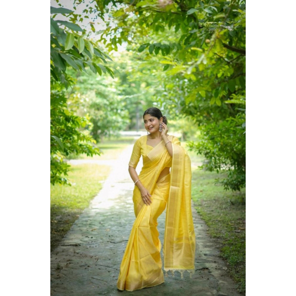 Women's Faux_Banarasi Lining Pattern Saree With Unstitched Blouse 5.5Mtr (Yellow)
