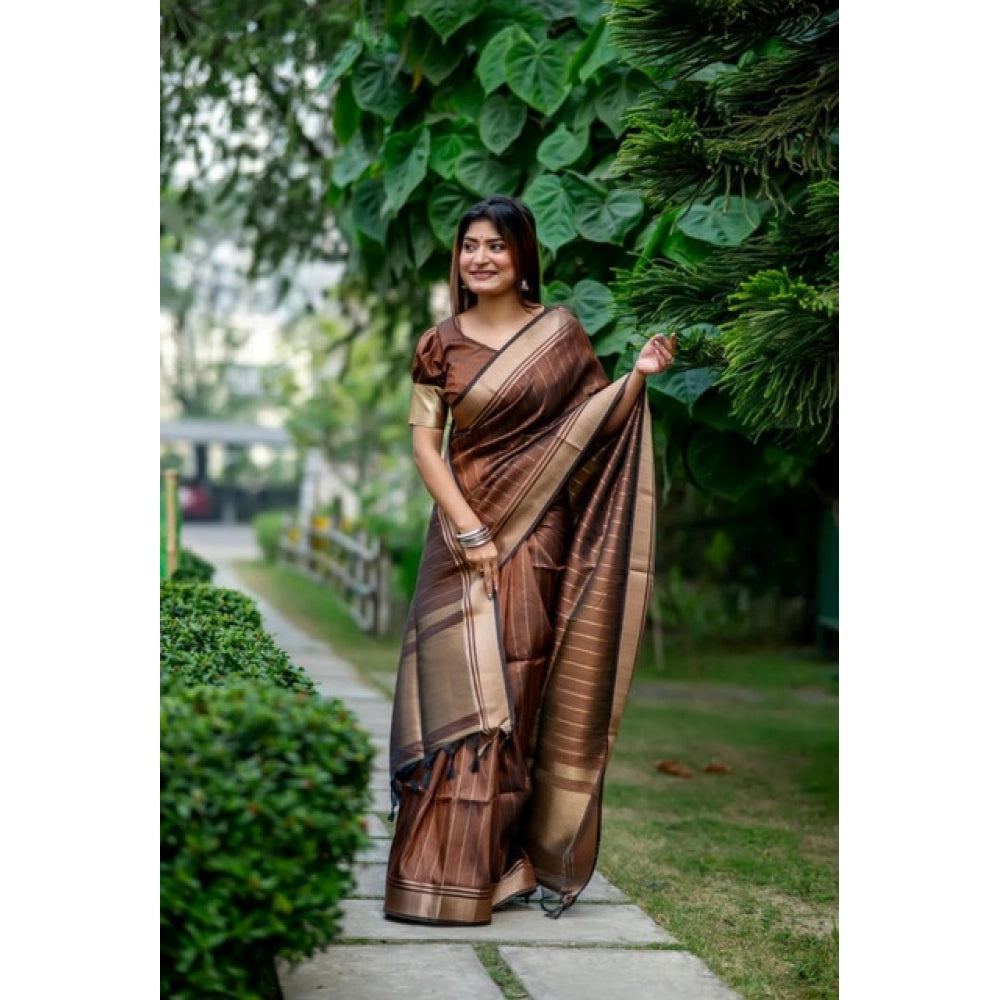 Women's Faux_Banarasi Lining Pattern Saree With Unstitched Blouse 5.5Mtr (Light_Brown)