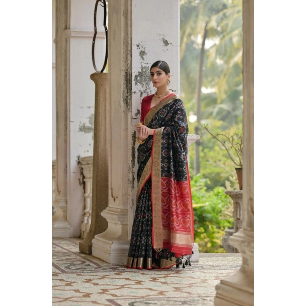 Women's Silk_Blend Ethnic Ikat Pattern Saree With Unstitched Blouse 5.5Mtr (Black)
